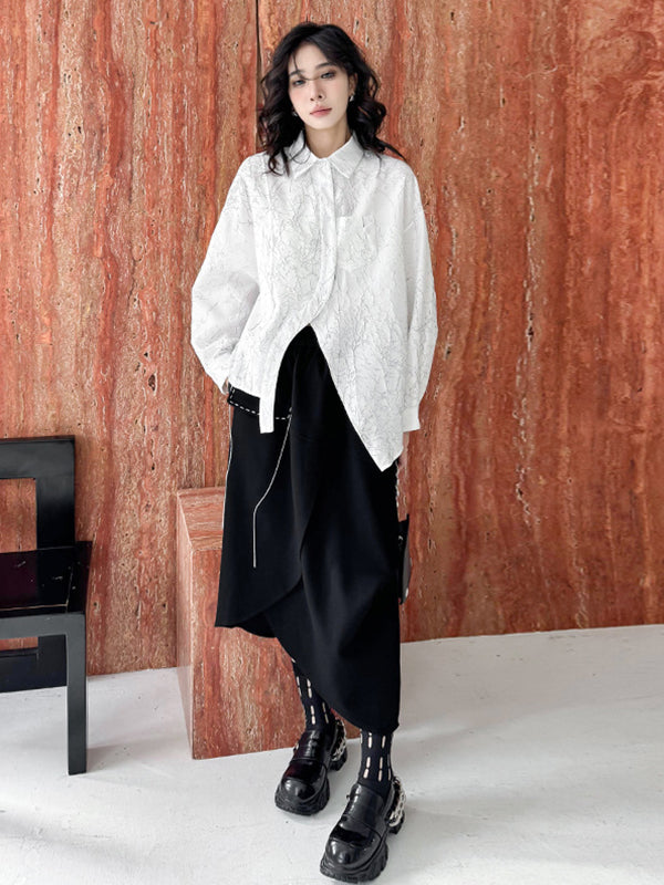 Irregularity Long Sleeves Abstract Printed Asymmetric Buttoned Wrinkled Lapel Blouses&Shirts Tops