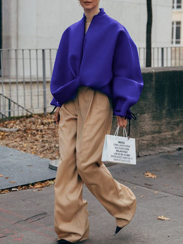 Loose Puff Sleeves Asymmetric Split-Joint Zipper Stand Collar Outerwear