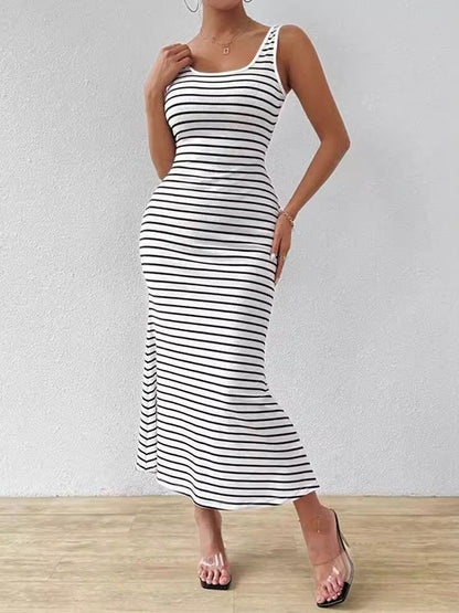 Bodycon Sleeveless Split-Joint Striped U-Neck Midi Dresses