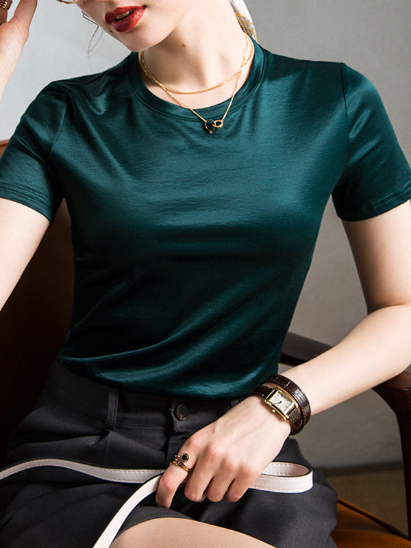 Loose Short Sleeves Shiny Solid Color Round-Neck T-Shirts Tops