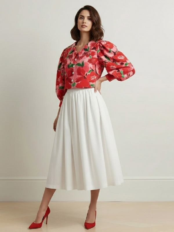 Long Sleeves Puff Sleeves Buttoned Flower Print Lapel Blouses&Shirts Tops