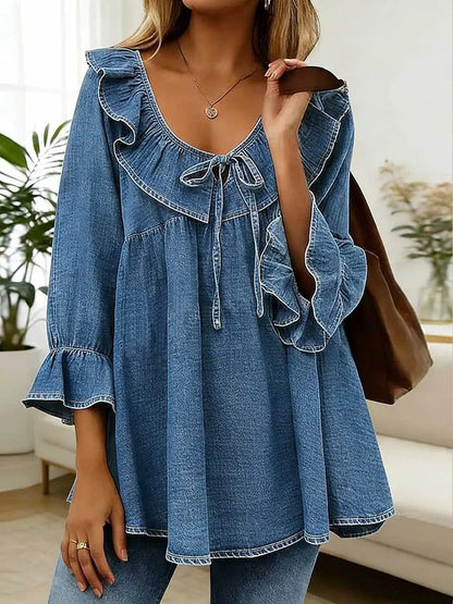 Flared Sleeves Loose Ruffled Solid Color Split-Joint Tied V-Neck Blouses&Shirts Tops