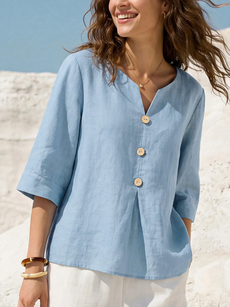 Loose Three-Quarter Sleeves Buttoned Solid Color V-Neck Blouses&Shirts Tops