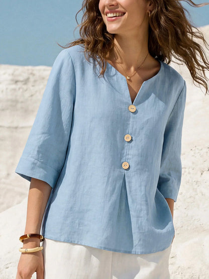 Loose Three-Quarter Sleeves Buttoned Solid Color V-Neck Blouses&Shirts Tops