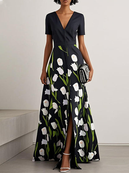 A-Line High Waisted Flower Print Split-Front V-Neck Maxi Dresses