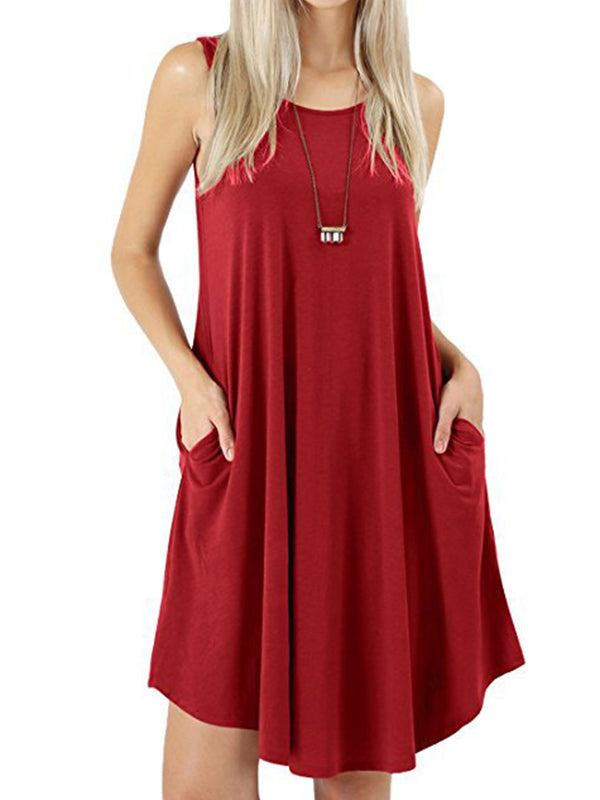 Loose Pockets Sleeveless Solid Color Spaghetti-Neck Mini Dresses