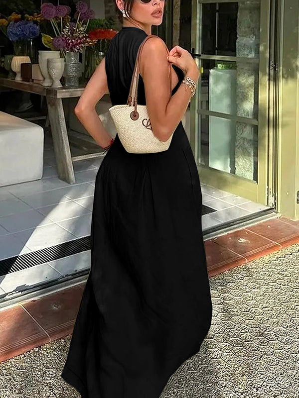 Robe longue trapèze ample à poches plissées, fermeture éclair fendue et col rond 