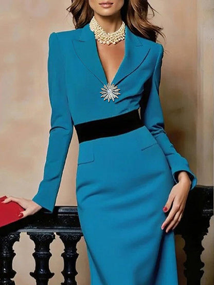 Long Sleeves Split-Joint Lapel Maxi Dresses