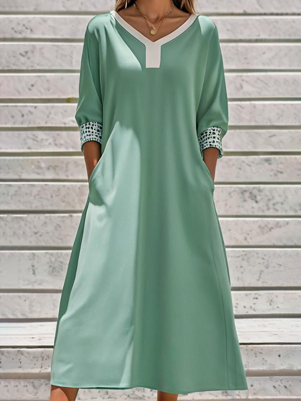 A-Line Long Sleeves Leopard Pockets Split-Joint V-Neck Midi Dresses