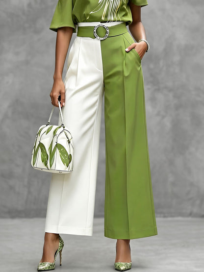 High Waisted Belted Contrast Color Pleated Pockets Pants Trousers