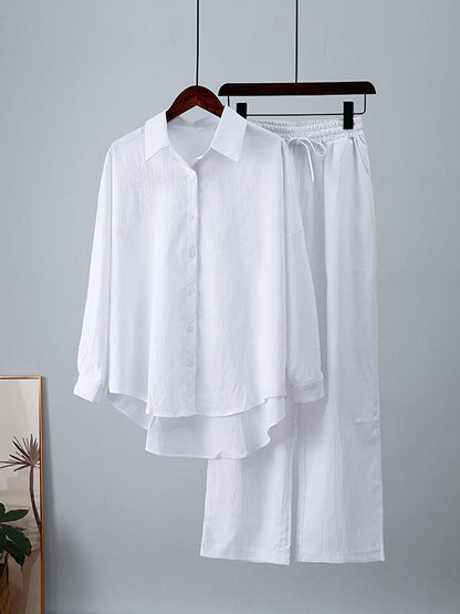 Solid Color High-Low Long Sleeves Lapel Blouses + Drawstring Pants Two Pieces Set