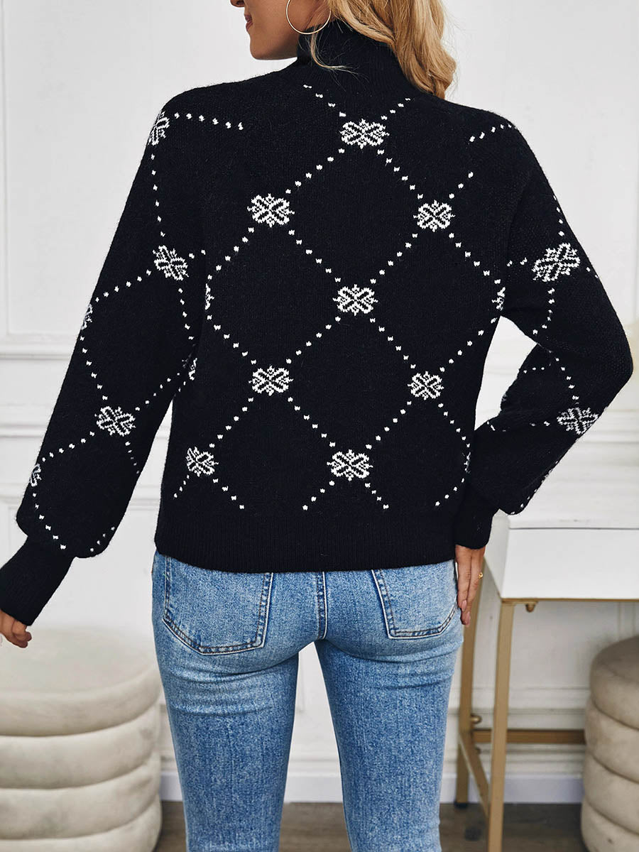 Long Sleeves Loose Contrast Color Flower Print Geometric Split-Joint Half Turtleneck Sweater Tops