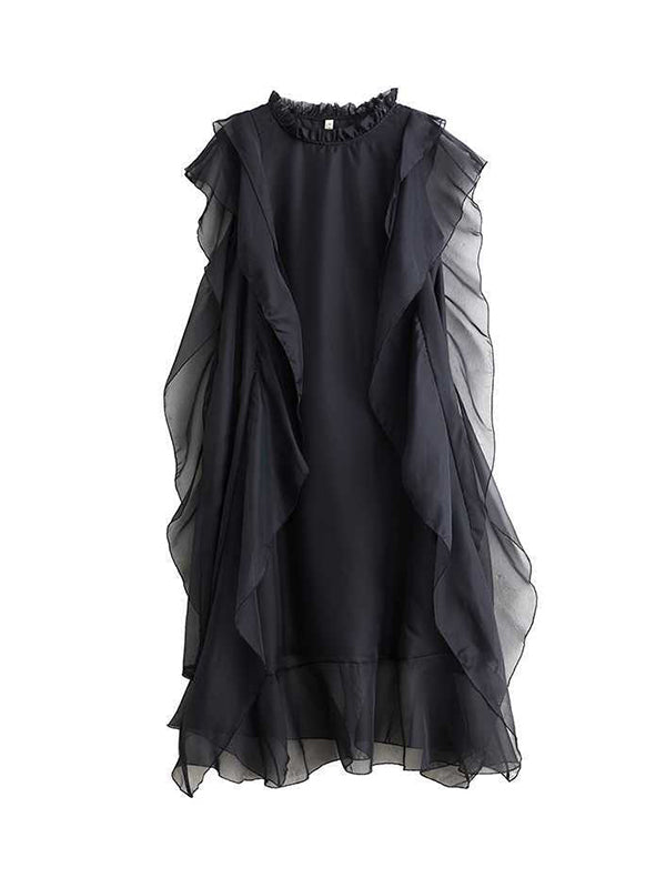 Loose Ruffle Sleeves Falbala Ruffled Solid Color Round-neck Midi Dresses