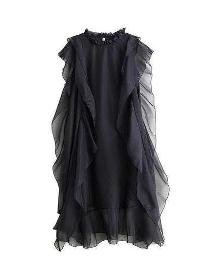 Loose Ruffle Sleeves Falbala Ruffled Solid Color Round-neck Midi Dresses