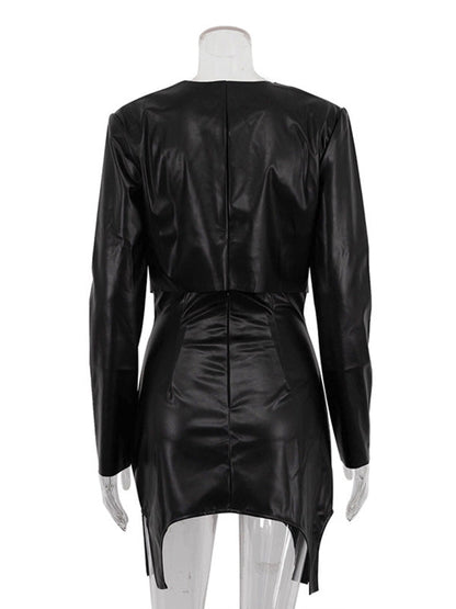 Solid Color Split-Joint Round-Neck T-Shirt Top + Zipper Bodycon High Waisted Skirts Bottom Two Pieces Set