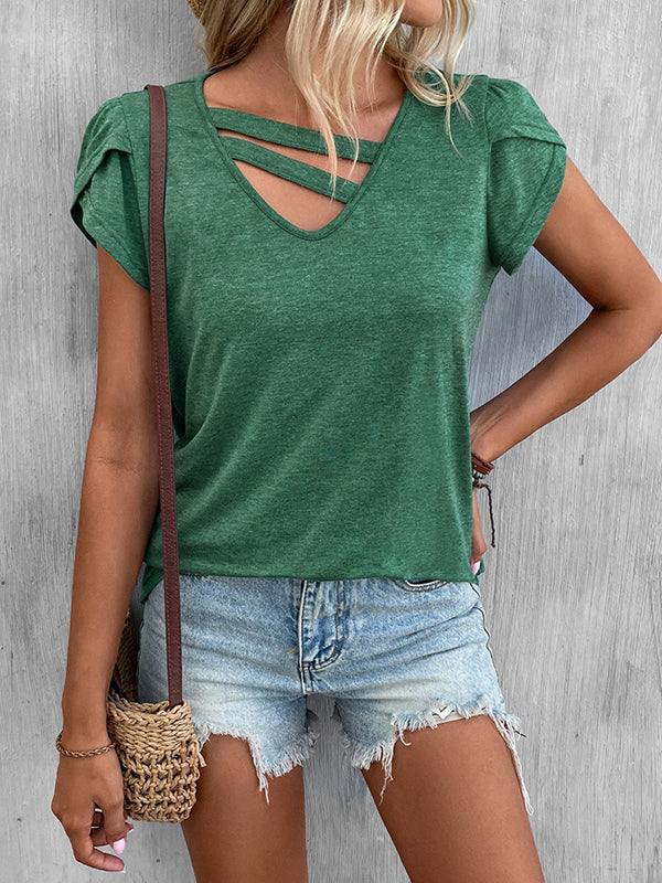 Loose Short Sleeves Solid Color V-Neck T-Shirts Tops GREEN