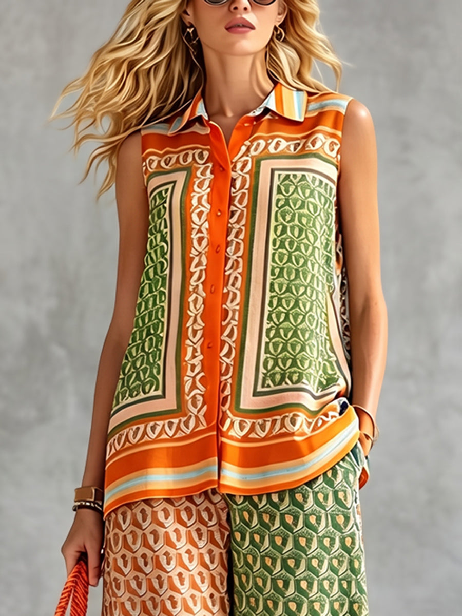 Loose Sleeveless Buttoned Printed Lapel Blouses&Shirts Tops