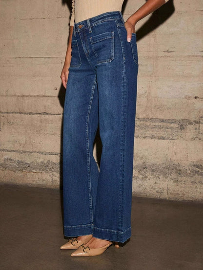 Solid Color Pockets High Waisted Column Trousers Jean Pants Bottoms