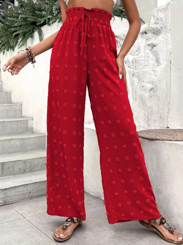 Pantalon taille haute ample avec cordon de serrage élastique en jacquard de couleur unie 
