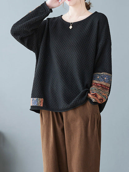Long Sleeves Loose Printed Split-Joint Round-Neck Pullovers Sweater Tops