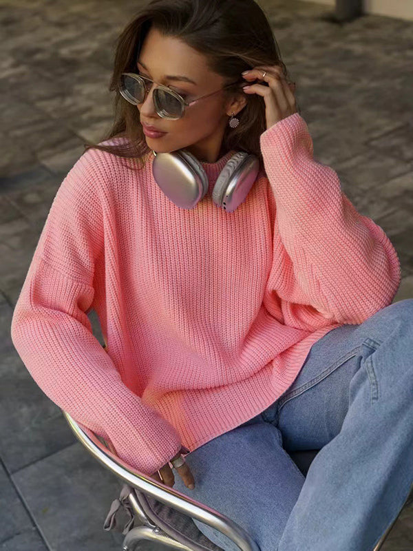 Long Sleeves Loose Solid Color Split-Joint Round-Neck Sweater Tops PINK