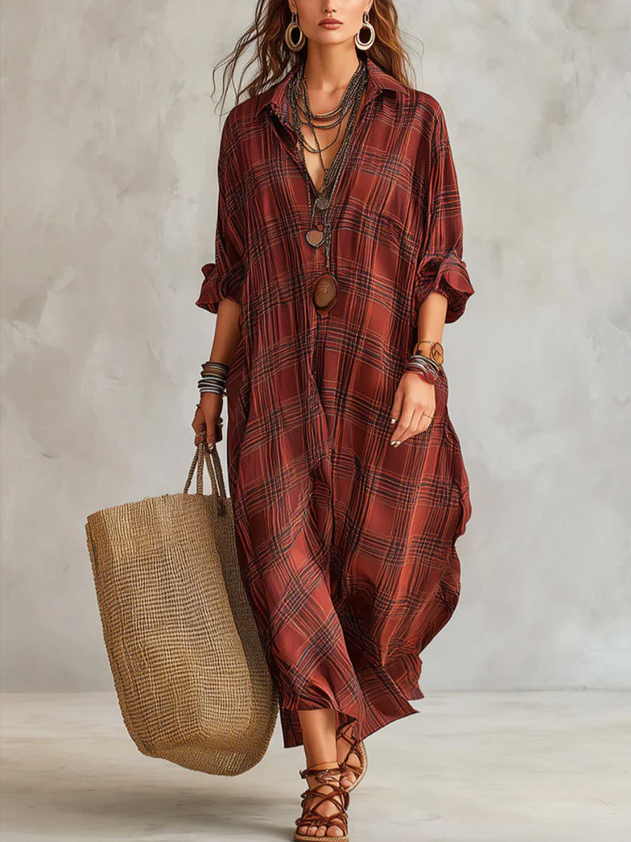 Long Sleeves Loose Buttoned Contrast Color Plaid Lapel Maxi Dresses