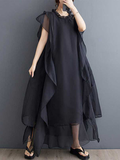 Loose Ruffle Sleeves Falbala Ruffled Solid Color Round-neck Midi Dresses