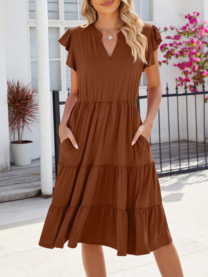 Loose Ruffle Sleeves Pleated Pockets Solid Color Split-Joint V-Neck Midi Dresses