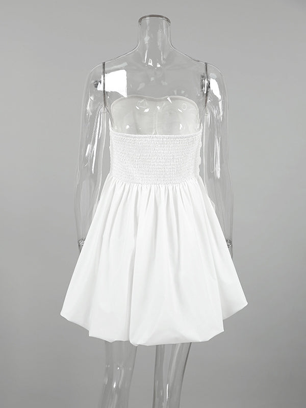 A-Line High Waisted Elasticity Pleated Pockets Solid Color Tube Mini Dresses