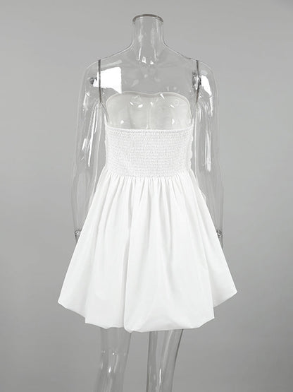 A-Line High Waisted Elasticity Pleated Pockets Solid Color Tube Mini Dresses