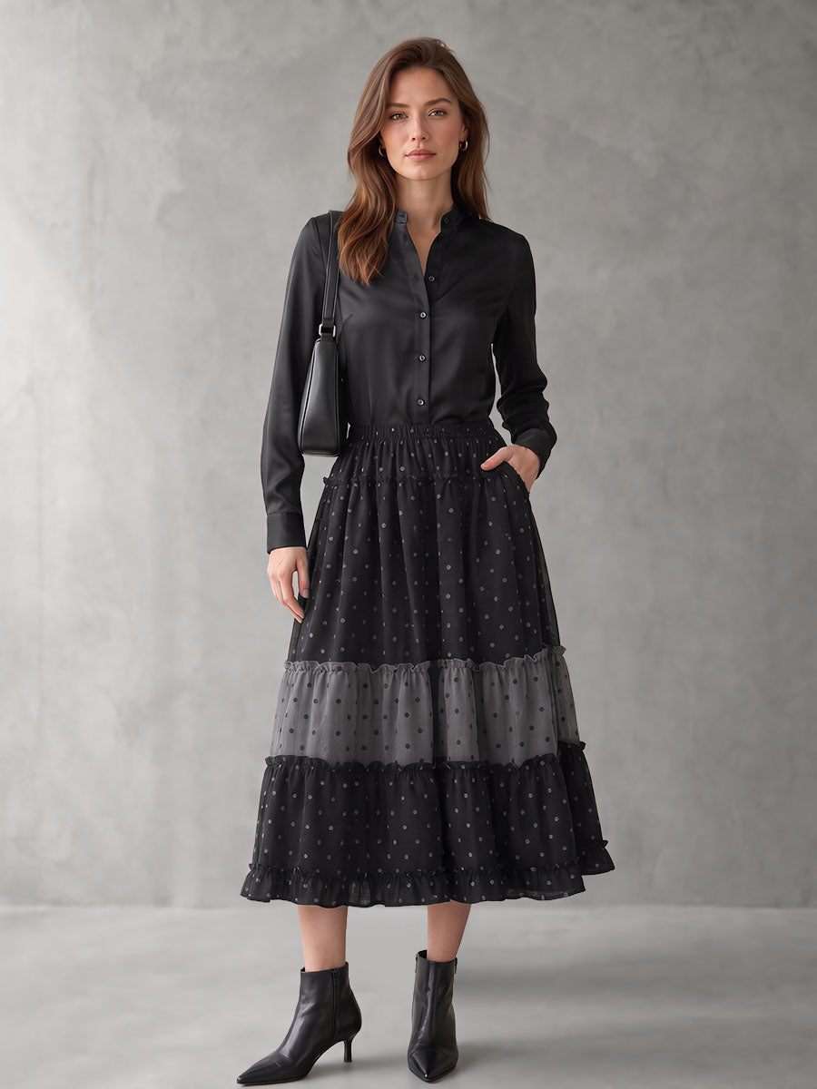 Split-Joint Ruffle Trim Polka-Dot Elasticity Contrast Color Loose A-line Skirts