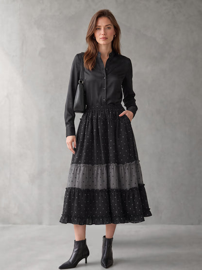 Split-Joint Ruffle Trim Polka-Dot Elasticity Contrast Color Loose A-line Skirts