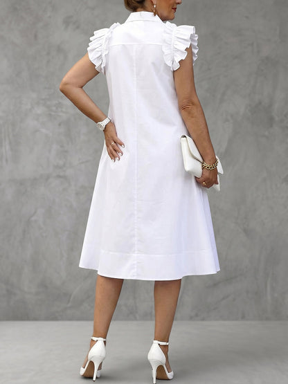 A-Line Loose Buttoned Solid Color Lapel Midi Dresses Shirt Dress