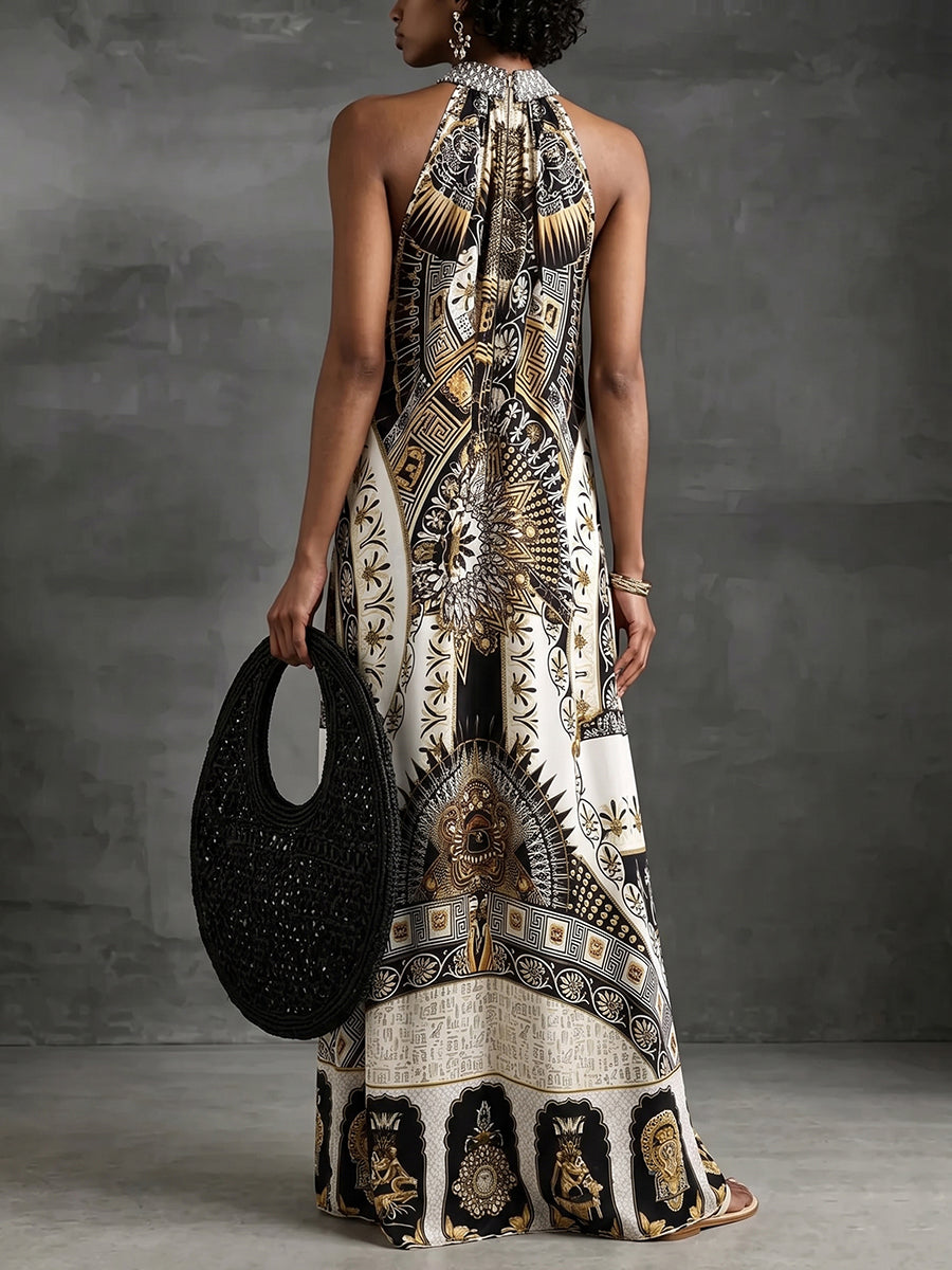 A-Line Loose Contrast Color Printed Zipper Halter-Neck Maxi Dresses