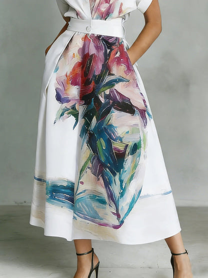 A-Line Loose Buttoned Flower Print Pockets Lapel Maxi Dresses