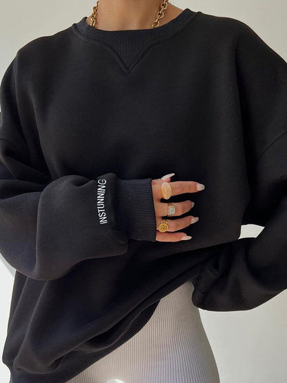 Long Sleeves Loose Letter Print Split-Joint Round-Neck Sweatershirt