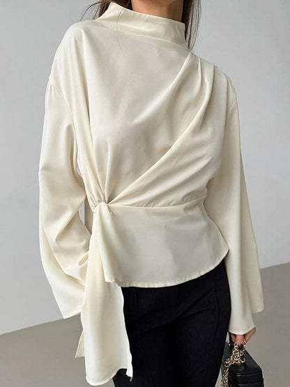 Flared Sleeves Long Sleeves Solid Color Twist Half Turtleneck Blouses&Shirts Tops