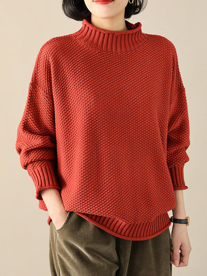 Casual Loose Long Sleeves Solid Color High-Neck Sweater Tops