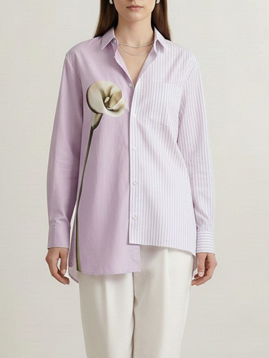 Irregularity Long Sleeves Asymmetric Buttoned Contrast Color Flower Print Split-Joint Striped Lapel Blouses&Shirts Tops
