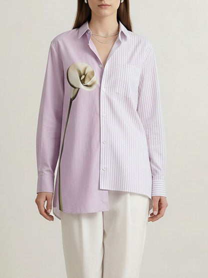 Irregularity Long Sleeves Asymmetric Buttoned Contrast Color Flower Print Split-Joint Striped Lapel Blouses&Shirts Tops