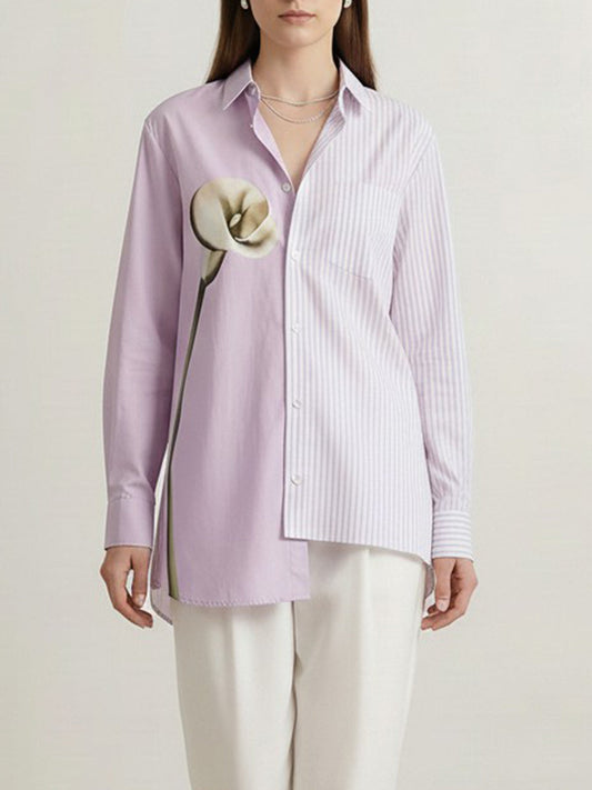 Irregularity Long Sleeves Asymmetric Buttoned Contrast Color Flower Print Split-Joint Striped Lapel Blouses&Shirts Tops
