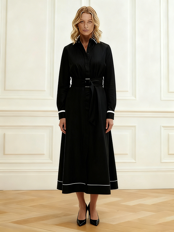 A-Line Elasticated Waist Belted Buttoned Contrast Color Split-Joint Lapel Midi Dresses Shirt Dress