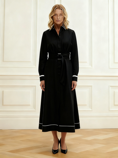 A-Line Elasticated Waist Belted Buttoned Contrast Color Split-Joint Lapel Midi Dresses Shirt Dress