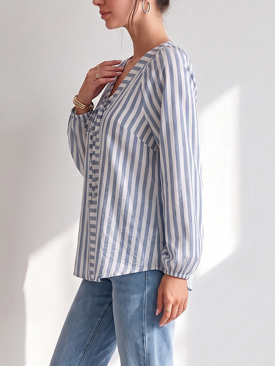 Striped Hollow Drawstring Contrast Color Puff Sleeves Loose V-neck Blouses&shirts Tops