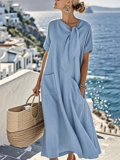 Loose Plus Size Asymmetric Knot Pockets Solid Color Bow Collar Maxi Dresses