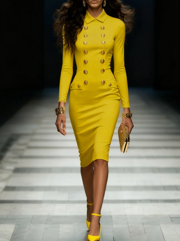 Bodycon High Waisted Pockets Solid Color Split-Joint Zipper Lapel Midi Dresses