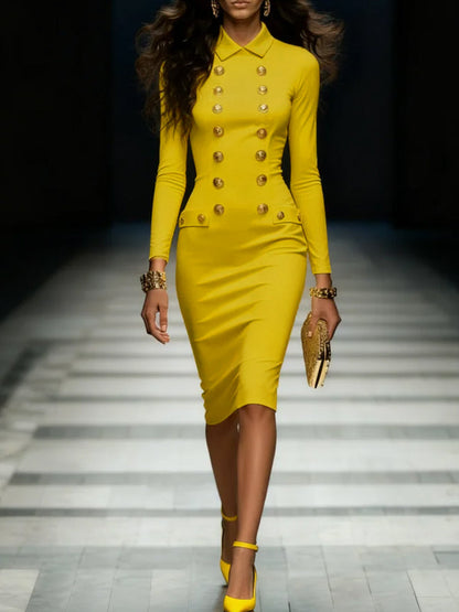 Bodycon High Waisted Pockets Solid Color Split-Joint Zipper Lapel Midi Dresses