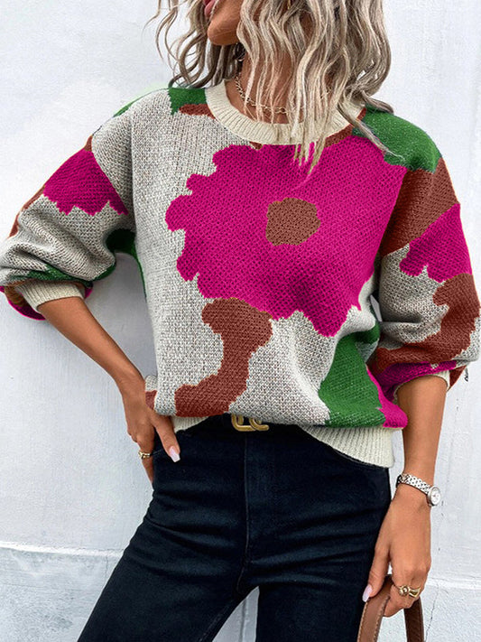 Loose Puff Sleeves Asymmetric Knitted Flower Split-Joint Round-Neck Sweater Tops