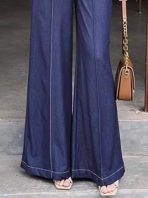 High Waisted Loose Elasticity Pockets Solid Color Jean Pants Bottoms Trousers