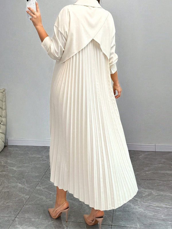 High-Low Long Sleeves Buttoned Pleated Solid Color Lapel Midi Dresses Shirt Dress